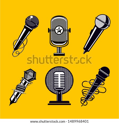 Microphone vector icon set. Vintage mic collection. Retro signs on isolated background.