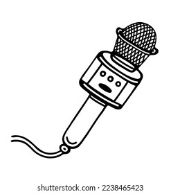 Microphone vector icon. Vintage device with a wire. Hand drawn illustration isolated on white. Musical item for karaoke, broadcasts, stand-up. Simple doodle, outline. Cartoon clipart for logo, prints