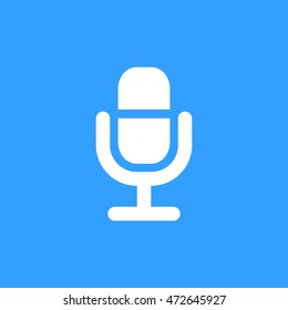 Microphone vector icon. White illustration isolated on blue background for graphic and web design.