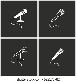 Microphone vector icons set. White illustration on a black background for graphic and web design.