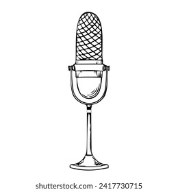 Microphone vector illustration. Drawing of musical item for singing or speech. Hand drawn sketch in doodle style. Retro Mic for icon or logo. Vintage Mile painted by black inks. Simple line art.