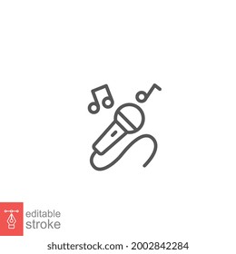 Microphone Vector line Icon, Microphone surrounded by notes symbol. microphone music logo and melody signs. editable stroke vector illustration design on white background. EPS 10