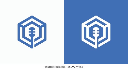 Microphone vector logo design in geometric hexagon shape with modern, simple, clean and abstract style. Icon for business, podcast, music, recording and personal branding.