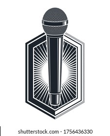 Microphone vector logo or emblem isolated on white, MC rapper or rap battle concept, stand up comic or radio, blogger.