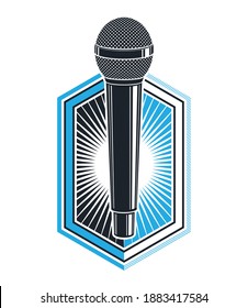 Microphone vector logo or emblem isolated on white, MC rapper or rap battle concept, stand up comic or radio, blogger.