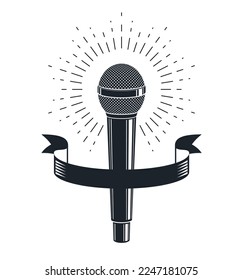 Microphone vector logo or emblem isolated on white, MC rapper or rap battle concept, stand up comic or radio, blogger.