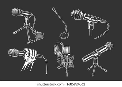 Microphone vector microphones for audio podcast broadcast or music record technology set of broadcasting concert equipment illustration isolated on black background