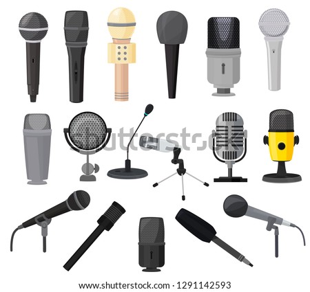 Microphone vector microphones for audio podcast broadcast or music record technology set of broadcasting concert equipment illustration isolated on white background