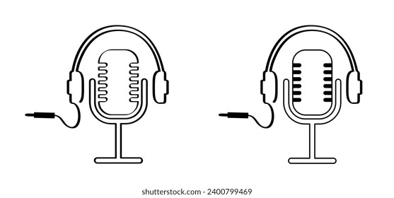 Microphone. Vector mikes and headphone. Podcast, voice icon. Record. Microphone recording, studio symbol. Retro microphone logo. Wireless microphone. Music mic sign. flat design.