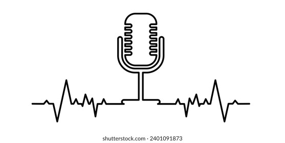 Microphone. Vector mikes line pattern. Podcast, voice icon. Record. Microphone recording, studio symbol. Retro microphone logo. Wireless microphone. Music mic sign. Sound wave, heartbeat. Karaoke