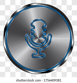 Microphone vector, simple icon on metal round button. Transparent grid