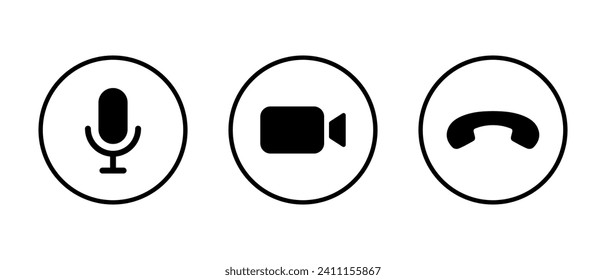 Micrófono, cámara de videollamadas y vector de icono del auricular final en línea circular