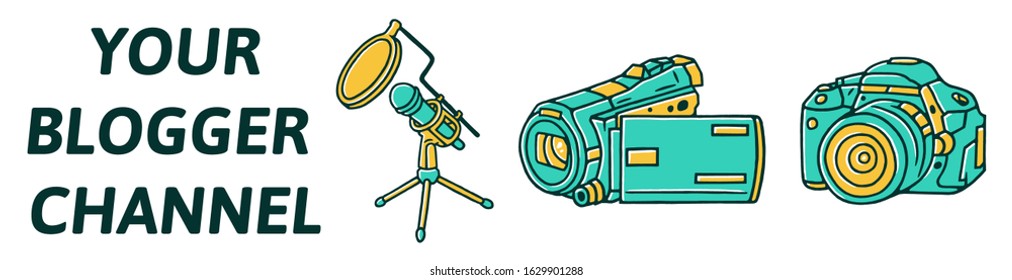 Microphone, Video Camera, Blogging Equipment, Streaming Equipment. Blogger Channel concept on white background isolated. Stock Vector Illustration. Hand Drawn Style. 