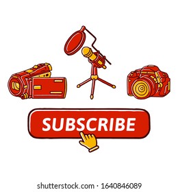 Microphone, Video Camera, Blogging Equipment, Red Button Subscribe to channel, Streaming Equipment. Blogger Channel concept on white background isolated. Stock Vector Illustration. Hand Drawn Style. 