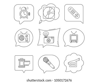 Microphone, video camera and photo icons. Alarm clock, retro radio and TV remote linear signs. Linear Speech bubbles with icons set. Comic chat balloon. Vector