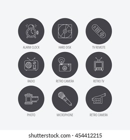 Microphone, video camera and photo icons. Alarm clock, retro radio and TV remote linear signs. Linear icons in circle buttons. Flat web symbols. Vector