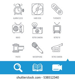 Microphone, video camera and photo icons. Alarm clock, retro radio and TV remote linear signs. Video cam, book and magnifier search icons. Vector