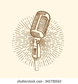 Microphone. Vintage style, hand drawn pen and ink.  Vector clip art. Retro design element for electronics store packaging, studio, disco or karaoke club, or t-shirt design