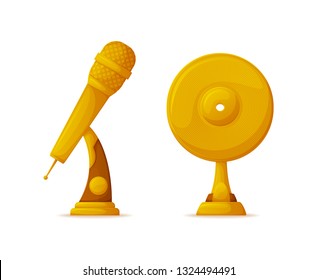 Microphone and vinyl disc shape gold trophy cups vector. Music award or reward isolated object, musical art contest or competition, best song record