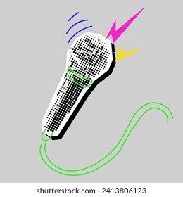 Microphone, voice, bass collage grunge pop art rock. A black and white picture with colored inserts. The tool is like a clipping from a magazine. A bright doodle on a dotted black and white drawing