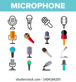 Microphone, Voice Recording Vector Color Icons Set. Retro, Vintage And Modern Microphone. Music Record Studio Logo. Sound Editing App Linear Symbols Pack. Professional Mic Isolated Flat Illustrations