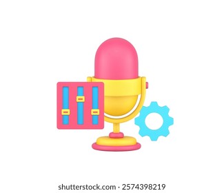 Microphone voice sound broadcasting settings 3d icon realistic vector illustration. Retro mic music noise performance podcast radio streaming device studio shot technology management control