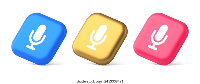 Microphone voice sound recording broadcasting button web app media communication 3d realistic blue gold and pink icons. Mic speech acoustic technology noise announcement message