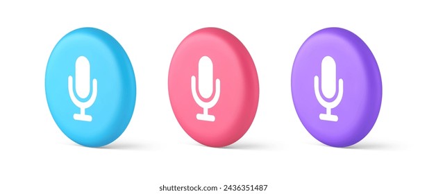 Micrófono voz grabación de sonido botón de difusión aplicación web comunicación multimedia 3d realista azul rosa y púrpura iconos. Mensaje de anuncio de tecnología acústica de voz de micrófono