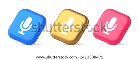 Microphone voice sound recording broadcasting button web app media communication 3d realistic blue gold and pink icons. Mic speech acoustic technology noise announcement message