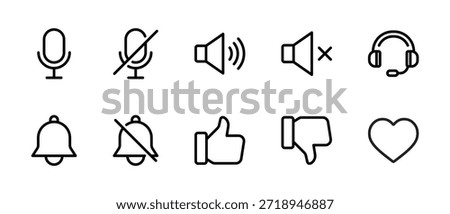 microphone volume headset bell like dislike heart outline icon set for web and app interface on white background