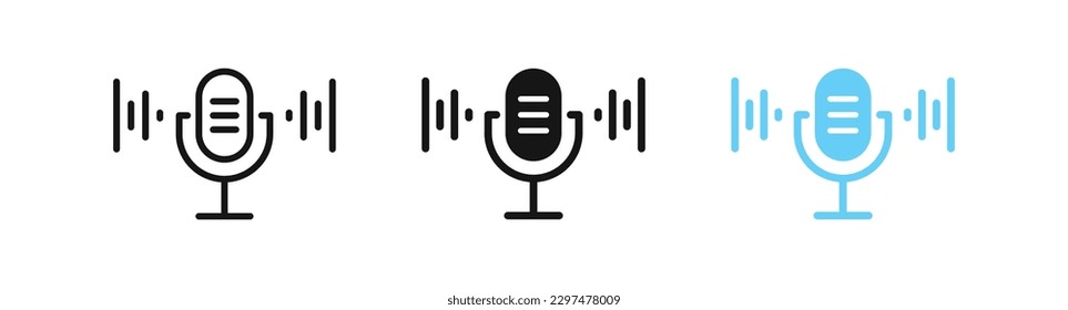 Microphone wave icon. Sound symbol. Mic speech signs. Radio, audio, podcast symbols. Speaker, vocal icons. Black, blue color. Vector isolated sign.