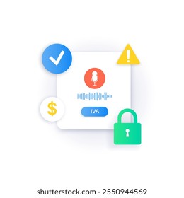 Microfone e forma de onda na aplicação. Tecnologia de voz biométrica. Autenticação segura, pagamento e análise de padrões vocais. Aprendizagem de IA. Ilustração de vetor de reconhecimento de voz e verificação