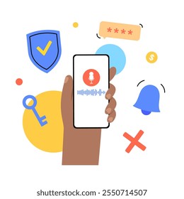 Microphone and waveform in smartphone. Voice biometrics technology. Secure authentication, analyzing vocal patterns. AI and machine learning. Voice recognition and verification vector illustration
