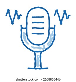 Vector de icono de boceto de ondas de micrófono. Dibujo manual de la línea de doodle azul Micrófono de la señal Olas de teléfono. ilustración de símbolo aislado