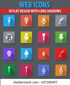 Microphone web icons in flat design with long shadows