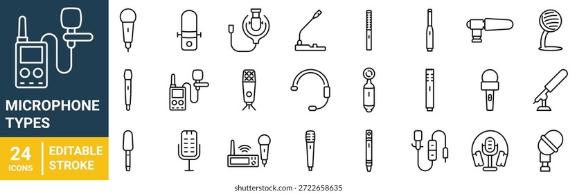 Ícones de linha da Web do microfone definidos. Microfone de podcast, microfone de jornalista, karaokê, conferência, para-brisa, ilustração de vetor de rádio retro. Traço editável