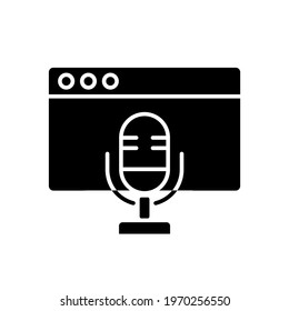 Microphone and web page glyph icon. Podcast. Vector isolated black illustration.