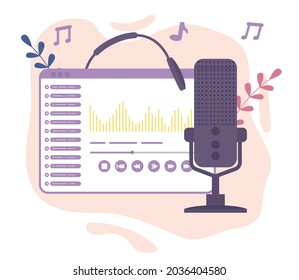 Microphone, web page, headphones. Podcast, radio. Flat vector illustration