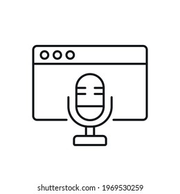 Microphone and web page linear icon. Podcast. Thin line customizable illustration. Contour symbol. Vector isolated outline drawing. Editable stroke