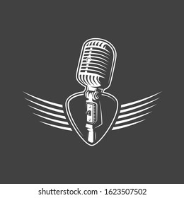 Microphone with wings isolated on a black background. Design element for music logos, labels, emblems. Vector illustration