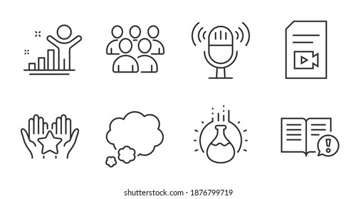 Microphone, Winner and Facts line icons set. Group, Chemistry experiment and Video file signs. Ranking, Talk bubble symbols. Mic, Best result, Important information. Education set. Vector