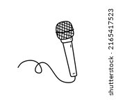 Microphone with wire isolated on white background. Musical item for singing, performances, karaoke. Vector hand-drawn illustration in doodle style. Perfect for cards, decorations, logo.