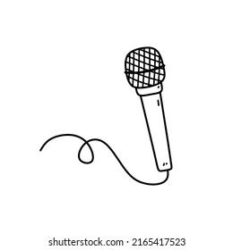 Microphone with wire isolated on white background. Musical item for singing, performances, karaoke. Vector hand-drawn illustration in doodle style. Perfect for cards, decorations, logo.