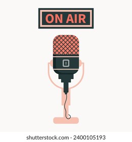 Microphone with wire isolated on white background. Musical item for singing, performances, karaoke. Vector illustration for logo, icon, postcard.