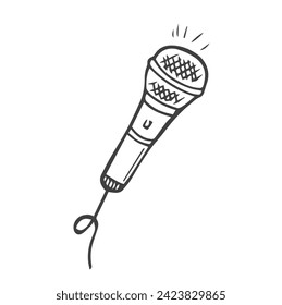 Microphone with wire isolated on white background. Musical item for singing, performances, karaoke. Vector hand-drawn illustration in doodle style.