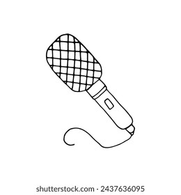 Micrófono con cable. Dispositivo musical para amplificar o grabar sonido. Doodle. Ilustración vectorial. Dibujado a mano. Esquema.
