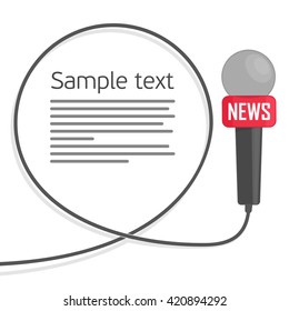 Microphone with a wire on a white background. Symbol breaking news on TV and radio. Journalism concept. Live news template. Vector illustration in a flat style.