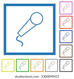 Microphone with wire outline flat color icons in square frames on white background