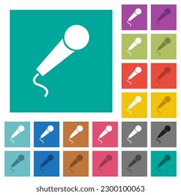 Microphone with wire solid multi colored flat icons on plain square backgrounds. Included white and darker icon variations for hover or active effects.