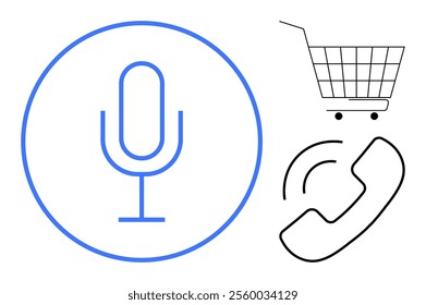 Microphone within circle, shopping cart and phone symbols are shown. Ideal for communication, technology, shopping, retail, and digital assistance themes. Represents modern conveniences in a